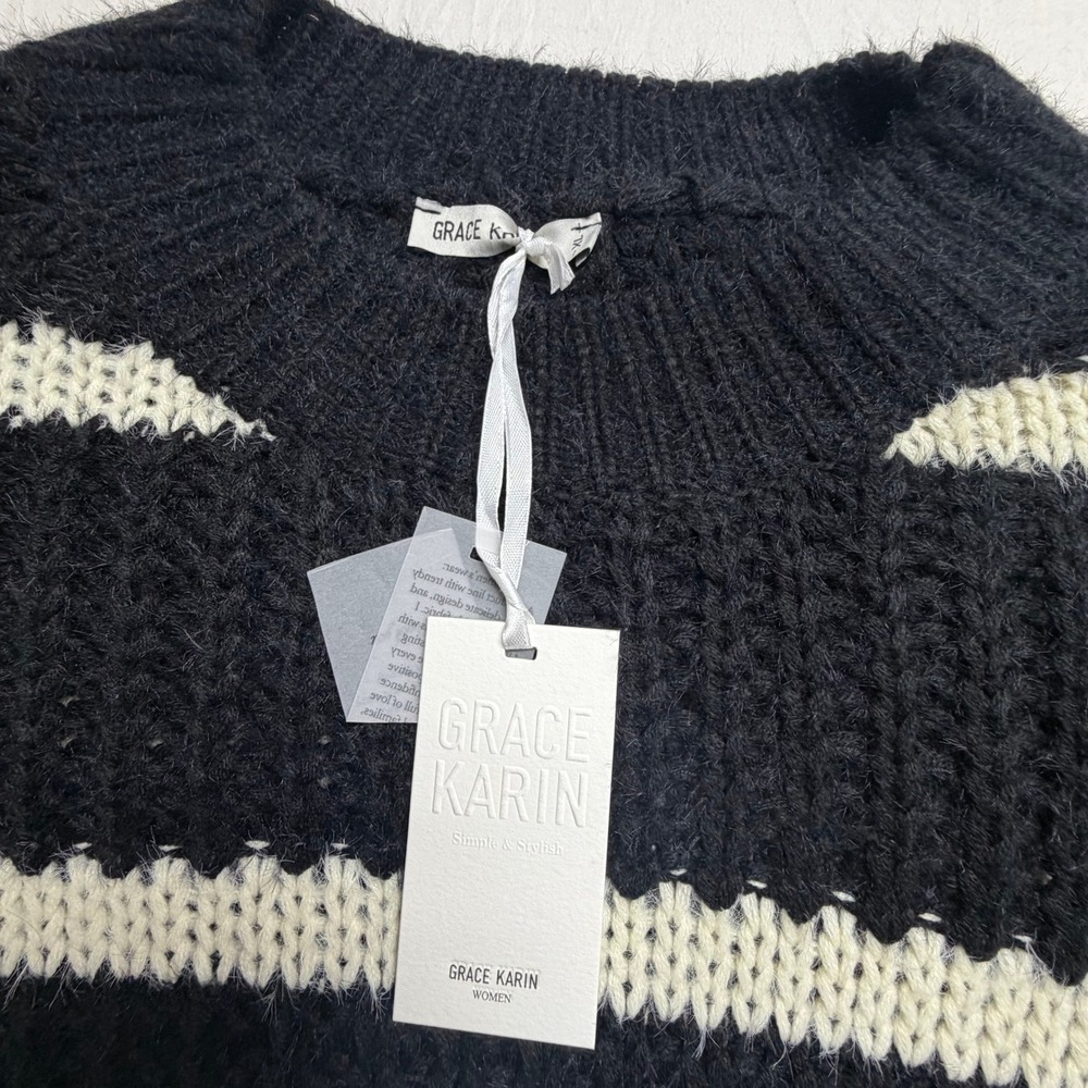 NWT Grace Karin Women's Oversized Black Striped Crewneck Sweater XL - Picture 2 of 6